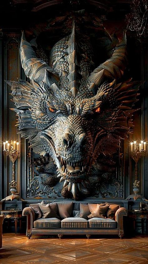 Halloween Themed Bedroom, Dragon Cave, Fantasy Furniture, School Hallways, Dragon Artwork Fantasy, Dragon Wall, Pet Dragon, Fantasy Decor, Dark Home Decor