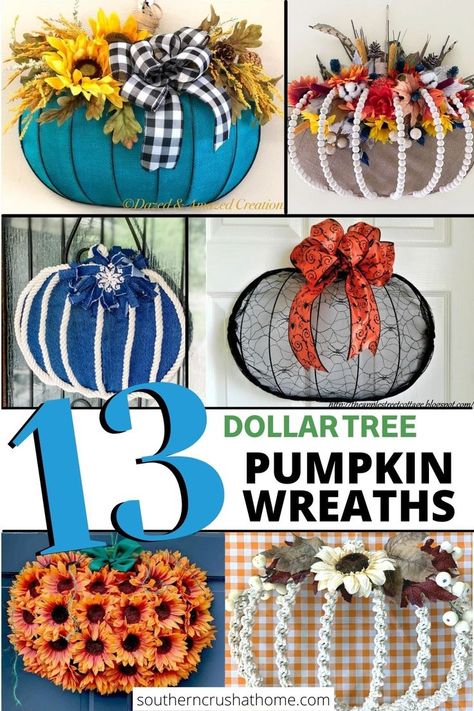 13 dollar tree pumpkin wreath ideas with buffalo check and wooden beads Dollar Tree Wire Pumpkin, Pumpkin Wreath Form, Wire Pumpkin, Pumpkin Wreath Diy, Dollar Tree Flowers, Circle Wreath, Dollar Tree Pumpkins, Fall Pumpkin Crafts, Fall Decor Diy Crafts