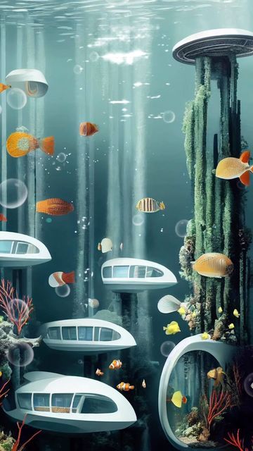 Phantasmio on Instagram: "Living underwater . . . . . . . . . . . #futuristic #underwater #underwaterlife #livingunderwater #fish #coralreef #marinelife #oceanworld #water #nature #future" Living Underwater, Underwater World Art, Underwater Home Fantasy Art, Underwater 2d Design, Underwater World Illustration, Underwater Drawing, Atlantis Art Underwater City, Water Kids, Underwater House