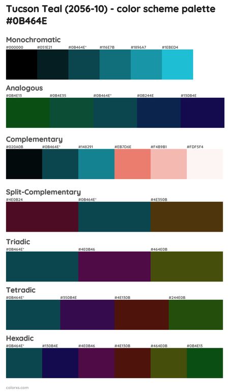 Benjamin Moore Tucson Teal (2056-10) Paint coordinating colors and palettes Teal Complementary Colors, Tucson Teal Benjamin Moore, Teal Color Palette Hex Code, Analogous Painting, Pantone Color Guide, Teal Palette, Deep Winter Palette, Teal Color Palette, Teal Color Schemes