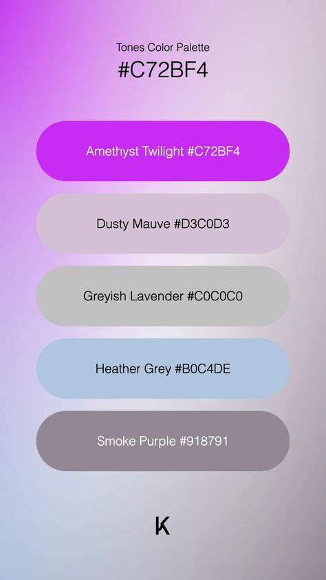 Tones Color Palette Amethyst Twilight #C72BF4 · Dusty Mauve #D3C0D3 · Greyish Lavender #C0C0C0 · Heather Grey #B0C4DE · Smoke Purple #918791 Galaxy Hex Codes, Purple Hex Code Palette, Galaxy Color Palette Hex Codes, Hex Color Palette Purple, Purple Hex, Dusty Mauve, Hex Color Palette, Hex Colors, Unique Colors