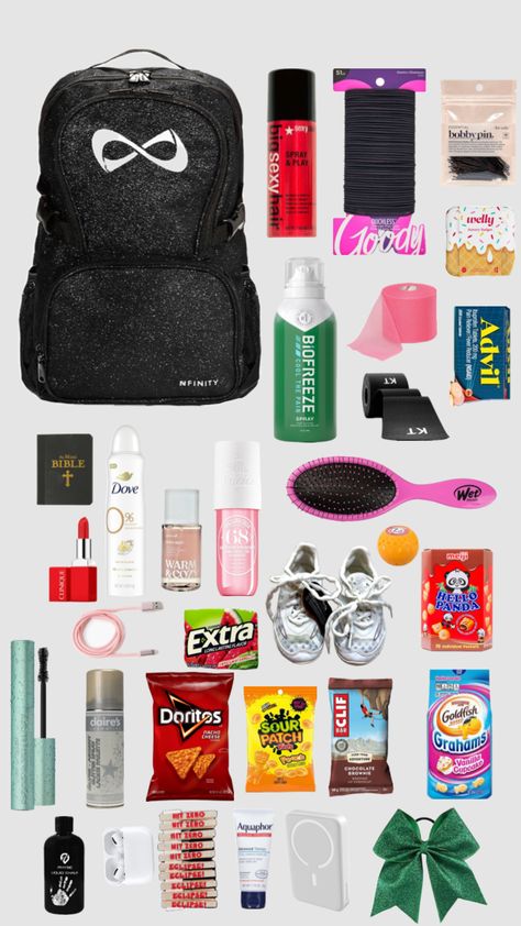 Cheer bag essentials 🙌🙌 Cheer Bag Essentials, Sports Bag Essentials, Cheerleading Tips, Cheer Games, Cheer Backpack, Cheer Hacks, School Backpack Essentials, Volleyball Bag, Cheer Bag