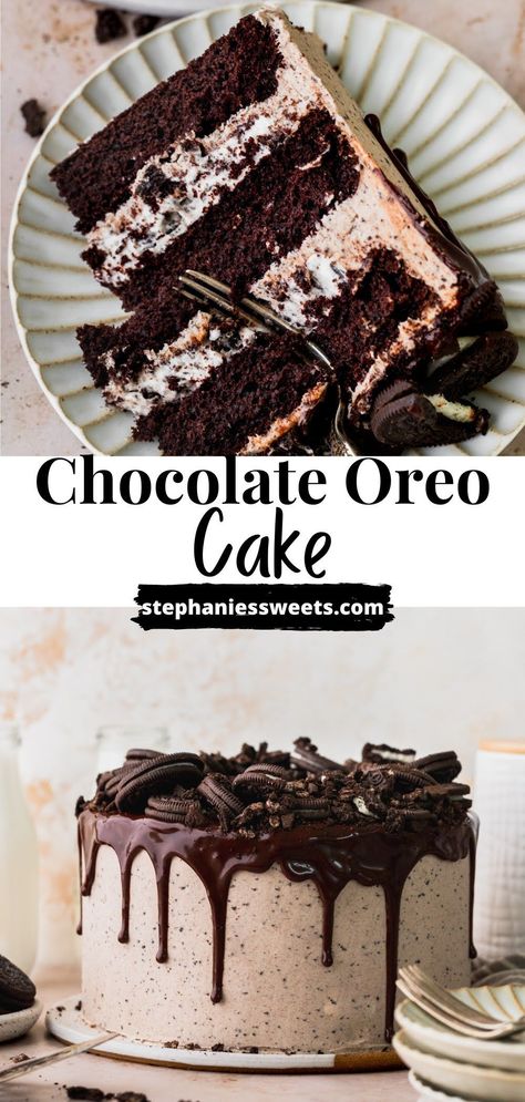 This Oreo cake has Oreo whipped cream cheese between layers of moist chocolate cake. It has Oreo frosting on top and a chocolate drip. Layered Chocolate Cake Recipe, Layered Cake Flavors, Dessert Ideas Recipes, Fun Chocolate Cake Ideas, Cake Ideas Easy Simple, Chocolate Cake Flavors, Layered Cake Recipes, Oreo Layer Cake, Quick Easy Cake