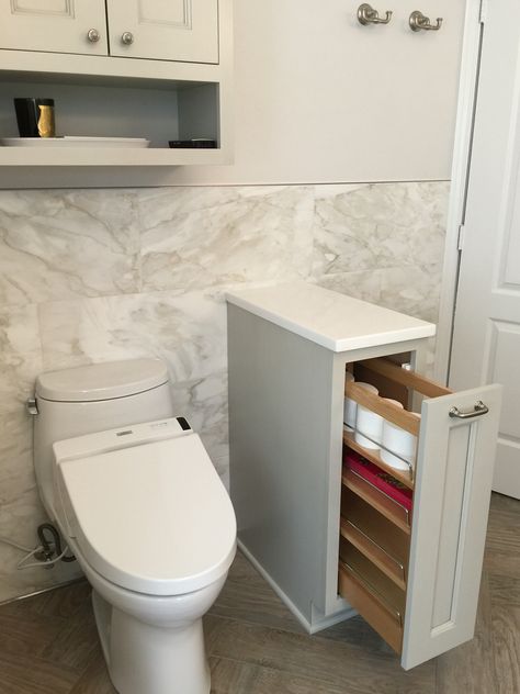 Privacy wall with storage. Cabinets painted with SW Repose Grey by Shiloh Cabinets. Toto toilet. Walls SW Eider White. Shiloh Cabinets, Repose Grey, Eider White, Laundry Room Storage Shelves, Toto Toilet, Privacy Wall, Cabinets Painted, Pony Wall, Cabinet With Drawers