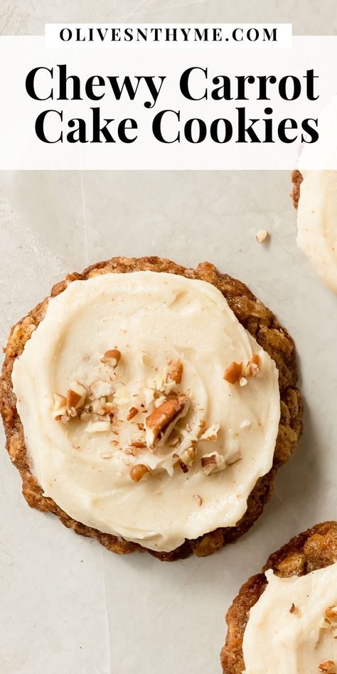 These carrot cake cookies are a fun and modern twist on the classic carrot cake. They’re soft and chewy and carrot cookies topped with an incredibly delicious brown butter cream cheese frosting that transforms them into something truly remarkable Carrot Cake Bites, Chewy Carrot Cake Cookies, Carrot Cake Oatmeal Cookies, Sourdough Carrot Cake Cookies, Soft Carrot Cake Cookies, Crumble Carrot Cake Cookie, Carrot Cake Cookies Stuffed With Cream Cheese, Stuffed Carrot Cake Cookies, Sour Cream Blueberry Muffins