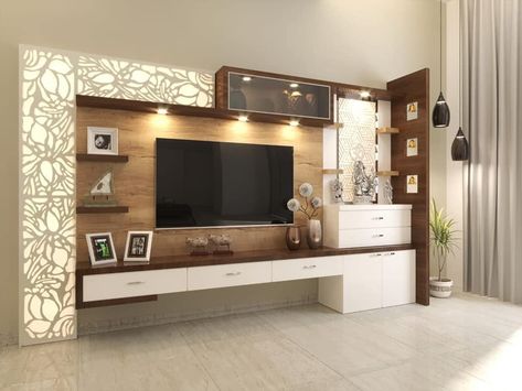 Tv Wall Design With Mandir, Tv Cabinate, 3bhk Interior Design, Interior Design Package, Tv Cabinet Design Modern, Lcd Unit, Led Unit, Tv Fal, Tv Unit Furniture Design