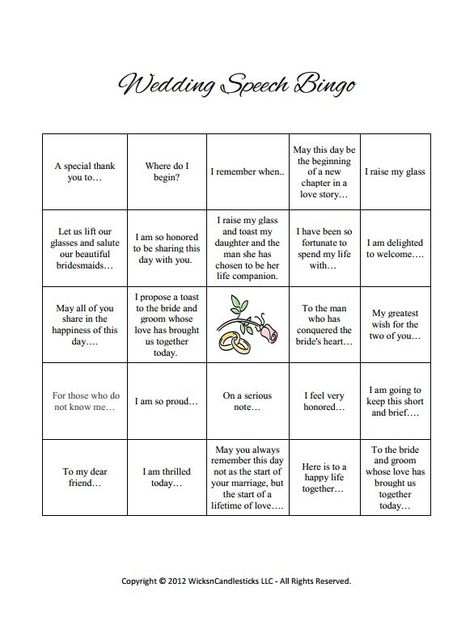 B-I-N-G-O!!! I love wedding speech bingo!  Download our free and no-cost bridal and bachelorette party games at https://www.wicksncandlesticks.com/store/pages/Downloads Wedding Speech Bingo, Wedding Bingo, Wedding Toast Samples, Wedding Table Layouts, Best Wedding Speeches, Patriotic Wedding, Reception Activities, Maid Of Honor Speech, Bridal Games