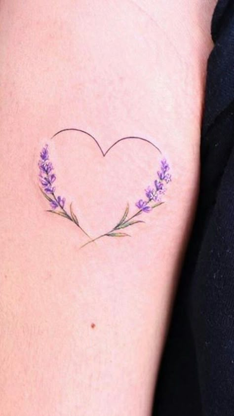 Flower Tattoos Lilacs, Lilac Heart Tattoo, Very Feminine Tattoos, Violet Flower Heart Tattoo, Lilac Shoulder Tattoo, Lavender Heart Tattoo, Flower Tattoos Purple, Small Lilac Tattoo, Purple Heart Tattoo