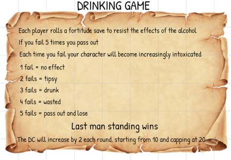 Dnd Drinking Game, Dnd Tavern Games, Dnd Mini Games, Dnd Tavern Drinks, Dnd Dm Ideas, Session 0 Dnd Checklist, Dnd Random Encounter Table, Dnd Drinks, Dnd Random Loot Tables