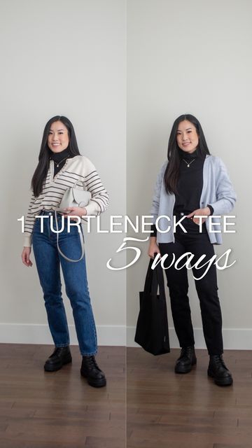 Sharon ♡ minimal fashion + intentional living on Instagram: "1 turtleneck tee, 5 ways ✨ Styling the @tradlands Monty turtleneck in black 5 different ways - did you catch all the looks and which one is your favourite? 🥰 I’m all for comfortable, stretchy turtleneck tees, both on its own and as a wonderful layering piece (as evident by all these outfits!). And after getting one in their storm colourway last year, I knew I had to have it in other (basic) colours 🖤 If you’ve been eyeing the Monty turtleneck, I encourage you to checkout @tradland’s first Holiday Happenings, where you can get it free with the purchase of a Shelter Cardigan! Just use code FREEMONTY - check out my link in bio under “affiliate links and discount codes” for the link to shop 🤍 #tradlandswornwell #turtleneckstyle #f Turtle Neck Outfit Layers, Turtleneck Layering, Turtle Neck Style, Basic Colours, Turtleneck Outfit, Winter Fits, Intentional Living, Which One Are You, Casual Chic Style