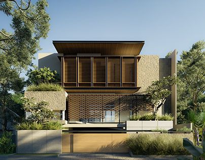 Tropical Houses Architecture, Modern Tropical House, Tropical House Design, Facade Architecture Design, Contemporary House Exterior, Tropical Architecture, Architectural Rendering, Minimalist House, Minimal House Design