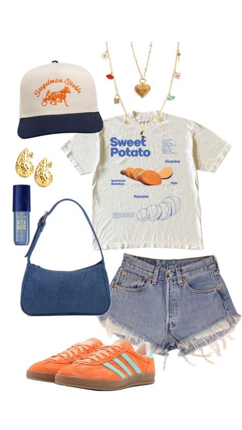 #outfitinspo #orange #navyblue 2024 Summer Style Trends, Orange Shoes Outfit Ideas, Blue And Orange Aesthetic Outfit, Blue And Orange Outfit Aesthetic, Orange Fits Aesthetic, Orange Top Outfit Aesthetic, Outfit With Orange Shoes, Aesthetic Orange Outfits, Orange Outfits Aesthetic