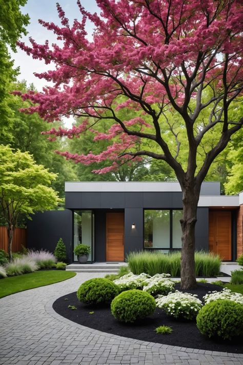 20 Modern Front Yard Landscaping Ideas - Toolz Geek Modern Front Landscape Design, Midcentury Modern Landscape Ideas, Modern Minimal Landscaping Front Yard, Structured Landscaping Front Yards, Landscape Area Design, Upscale Landscaping Ideas, Best Front Yard Landscaping Ideas, Front Yard Landscaping Tennessee, Private Front Yard Ideas