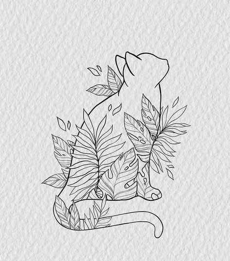 Teacup Tattoo, Animal Tattoo Ideas, Cat Outline, Black Cat Tattoos, Single Line Tattoo, Tattoos For Lovers, Vine Tattoos, Plant Tattoo, Leaf Drawing