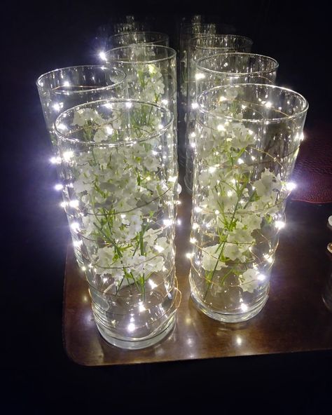 Baby Breath Centerpiece, Cylinder Vase Ideas, Tall Wedding Vases, Enchanted Forest Prom, Wedding Cocktail Tables, 50th Wedding Anniversary Decorations, Compton California, Fairy Lights Wedding, Woodland Baby Shower Decorations