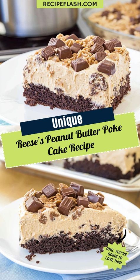 Whip up a delicious Reese’s Peanut Butter Poke Cake Recipe that everyone will love! This delightful dessert features a rich chocolate cake, creamy peanut butter filling, and a sprinkle of Reese’s pieces for extra crunch. Perfect for birthdays or any celebration, this dessert is sure to impress and satisfy! Dump Cake Recipes Peanut Butter, Reese’s Poke Cake Recipe, Reese’s Peanut Butter Cup Poke Cake, Peanut Butter Pie Cake, Reese’s Poke Cake, Reeces Cake Birthday Easy, Reese’s Birthday Cake, Easy Reeses Peanut Butter Cake, Peanut Butter Pound Cake Easy