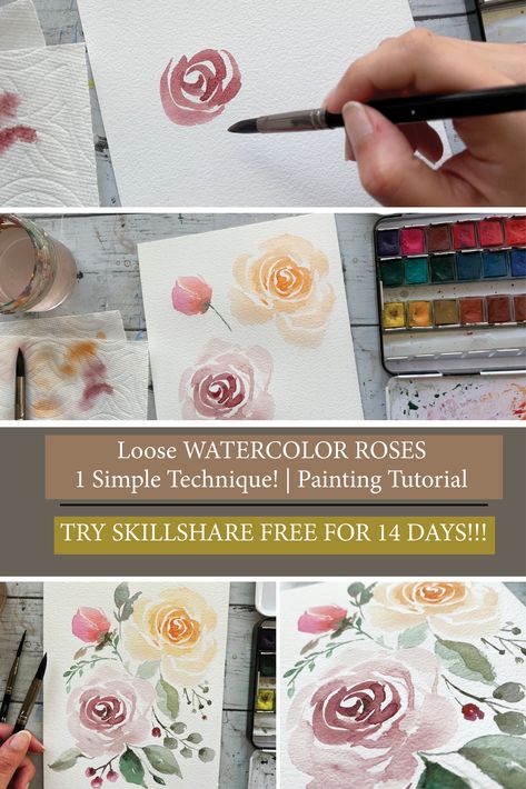 Loose Watercolor Roses For Beginners How To Paint Watercolor Flowers Tutorial, Easy Flower Watercolor Tutorial, Loose Watercolor Roses Tutorial, Watercolour Roses Tutorial, Watercolor Rose Easy, How To Paint Roses Easy Watercolor, Rose Watercolor Painting Easy, How To Watercolour Paint, How To Paint Watercolor Roses