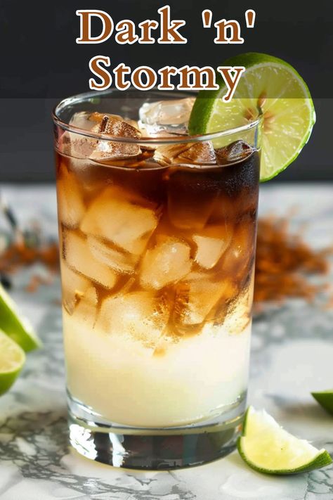 The Dark ‘N Stormy is a classic cocktail made with Gosling’s Black Rum and ginger beer. It is typically served in a highball glass over ice, with a lime wedge for garnish. Summer Rum Cocktails, Dark Rum Cocktails, Rum Cocktails Easy, Dark N Stormy Cocktail, Cocktails To Make At Home, Cocktails And Canapes, Rum Cocktail Recipes, Drinks Smoothies, Cocktails Recipes