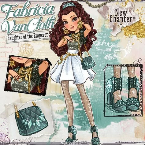 Fabricia VanCloth™ Daughter of the Emperor Parent's Story: Emperor's New Clothes Powerful qualities: Bold | Minded | Ambitious Roommate:… Ever After High Parents, Romance Status, Eah Oc, Daughter Of The Emperor, Ever After High Rebels, Emperor's New Clothes, Chocolate Eclairs, Zodiac Sign Leo, Lizzie Hearts