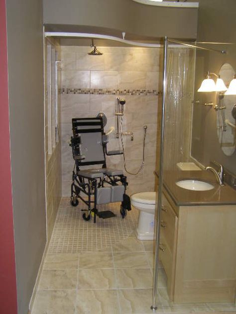 small accessible roll in shower Wheelchair Accessible Bathroom, Wheelchair Accessible Shower, Accessible House, Accessible Bathroom Design, Ada Bathroom, Shower Toilet, Accessible Bathroom, Bathroom Remodel Shower, Wheelchair Accessible