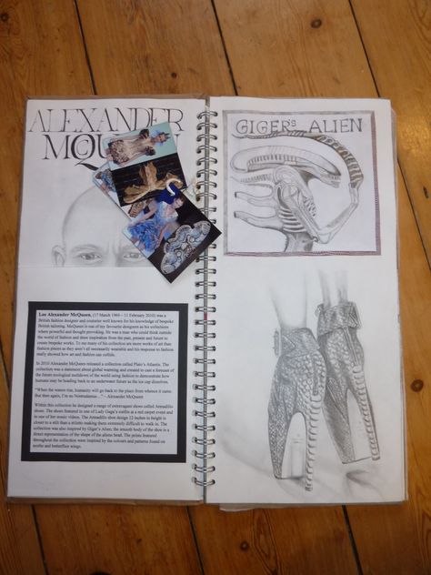 Alexander McQueen Sketchbook Page Alexander Mcqueen Research Page, Alexander Mcqueen Textiles Sketchbook, Alexander Mcqueen Sketchbook, Alexander Mcqueen Artist Research Page, Gcse Fashion, Artist Research Page, Gcse Sketchbook, Mats Gustafson, Art Homework