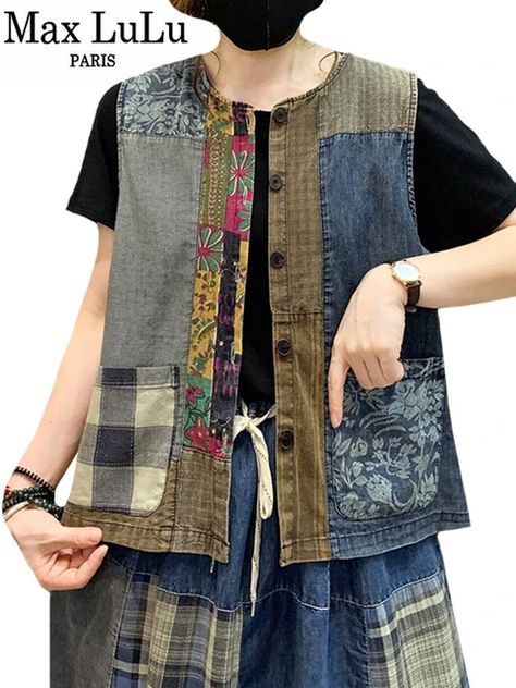 Max LuLu Spring Chinese Tanks Coats Womens Luxury Vintage Loose Denim Vests Ladies Casual Fashion Patchwork Sleeveless Clothes - AliExpress Patchwork Dress Pattern, Chinese Tanks, Sewing Upcycled Clothing, Vest Patchwork, Ropa Upcycling, Quilted Clothing, Patchwork Vest, Loose Vest, Patchwork Clothes