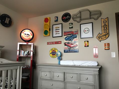 Boys Car Corvette Garage Nursery Classic Cars Nursery Theme, Car Nursery Decor, Nursery Ideas Cars, Vintage Car Themed Nursery, Classic Car Nursery, Baby Boy Nursery Car Theme, Race Car Nursery Theme, Car Nursery Ideas Boy, Car Nursery Ideas