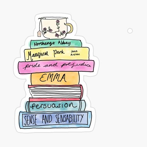 Get my art printed on awesome products. Support me at Redbubble #RBandME: https://www.redbubble.com/i/sticker/Jane-Austen-book-stack-by-bookloversclub/49684570.EJUG5?asc=u Bronte Sisters Books, Sherlock Holmes Book, Agatha Christie Books, Ya Fantasy Books, Kindle Stickers, All The Bright Places, Bronte Sisters, Jane Austen Books, Book Stack