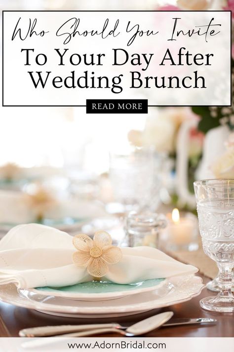 Are you in the middle of planning your wedding and trying to decide if you should host a morning after wedding brunch. This blog post from Adorn Bridal will help you know who to invite and how to plan a day after wedding brunch. Hosting a post wedding brunch allows the newlyweds to express their gratitude to their loved ones for celebrating their special day. Click the link for some post wedding brunch ideas and who you should invite and where to host it now! Morning After Wedding Brunch, Day After Wedding Brunch, Wedding Brunch Ideas, Brunch Hosting, After Wedding Brunch, Post Wedding Brunch, Day After Wedding, Post Wedding Brunch Invitations, Plan A Day