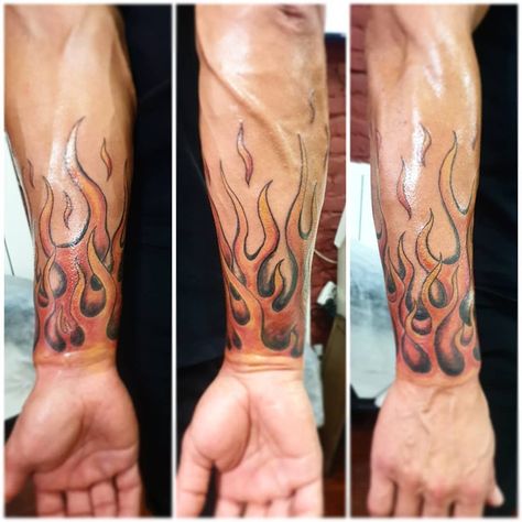 Fire Wrist Tattoos Men, Hot Rod Flames Tattoo, Tattoo Flames Arm, Fire Arm Tattoo For Men, Flame Tattoo Forearm, Fire Wrist Tattoo, Fire Tatoos Ideas, Flames Tattoo Sleeve, Flame Tattoo Sleeve