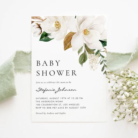 Watercolor White Magnolia Rustic Baby Shower for $2.65 - Baby Shower Invitations Magnolia Baby Shower Ideas, Magnolia Baby Shower, Baby Brunch Invitation, Breakfast Brunch Party, Watercolor Magnolia, Baby Sprinkle Ideas, Popular Wedding Invitations, Neutral Baby Shower Invitations, Sprinkle Ideas