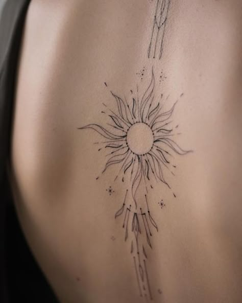 Back Sun Tattoo Spine, Solar Spine Tattoo, Woman Holding Sun Tattoo, Flaming Sun Tattoo, Single Needle Sun Tattoo, Sun On Back Tattoo, Sun Thigh Tattoos Women, Feminine Sun Tattoo, Back Tattoo Sun