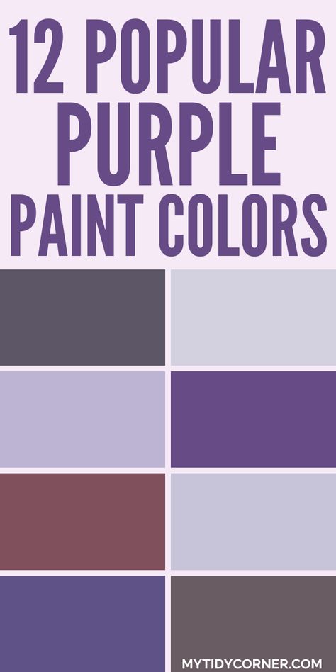 Collage of the top purple paint colors for your home painting project. Ash Violet Sherwin Williams, Purple Bedroom Colors, Purple Wall Painting Ideas Bedroom, Purple Palette Colour Schemes, Purple Color Palette Colour Schemes, Best Purple Paint Colors, Lavender Wall Color, Eggplant Paint Color, Light Purple Paint Colors