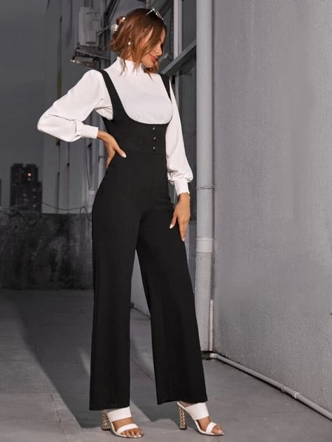 High Waist Button Front Wide Leg Suspender Jumpsuit | SHEIN USA Suspender Jumpsuit, Long Pant Jumpsuit, Boutique Pants, Sequin Rompers, Loose Jumpsuit, Sequin Pants, Suspender Pants, Shein Pants, Short Sleeve Jumpsuits