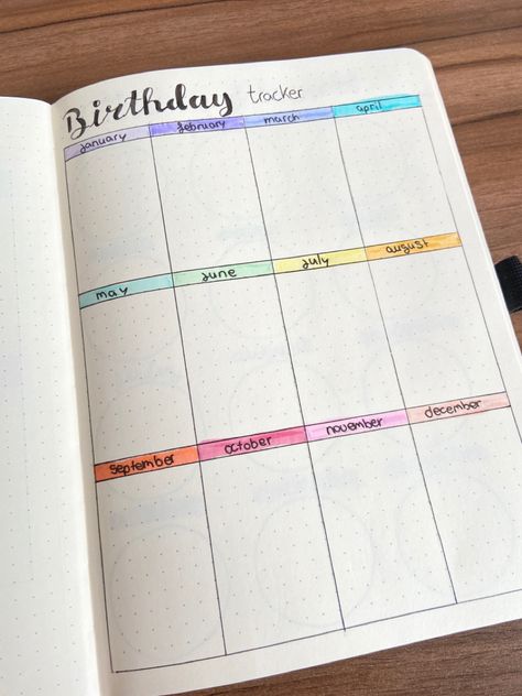 Notebook Ideas Birthday, Birthday List Aesthetic Journal, Diy Birthday Tracker, Lined Notebook Ideas Aesthetic, Bujo Yearly Tracker, Birthday Page Bullet Journal, Bullet Journal Ideas Yearly, Bujo Birthday Tracker, Bulett Journal Page Ideas 2024