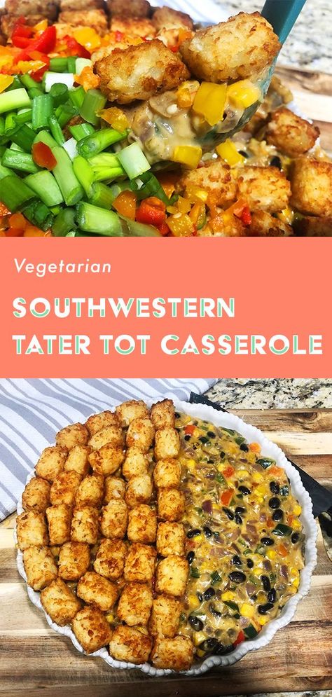 Southwestern Tater Tot Casserole for the win, folks! It may not be the classiest dish in the world, but ohhh man is it tasty. It's loaded with gooey pepper jack cheese, tons of veggies and is topped with crispy tater tots, the pièce de résistance. Enjoy this fantastic vegetarian casserole! Vegetarian Casseroles, Mexican Tater Tot Casserole, Vegetarian Casserole Recipes, Family Meal Prep, Tater Tot Casserole Recipes, Vegetarian Casserole, Easy Vegetarian Dinner, Quick Vegetarian Meals, Tot Casserole