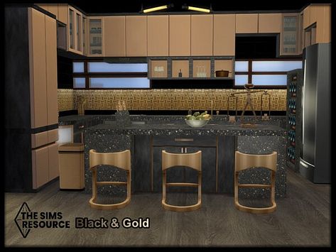 Black and Gold Kitchen set by seimar8 from TSR Sims 4 Luxury Furniture Cc, Sims 4 Modern Kitchen Cc, Sims 4 Kitchen Set, Sims 4 Cc Industrial, Sims4 Cc Kitchen, Sims Car, Sims 4 Cc Objects, White And Gold Kitchen, Modern Marble Kitchen