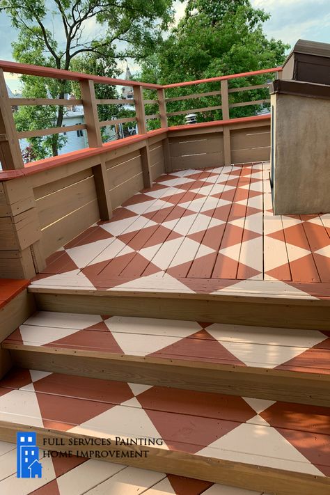 Painted Checkerboard Floor Porch, Painted Deck Pattern, Painted Porch Floor Wood, Painted Decking, Tulasi Pot Designs Painting, Painted Deck Floors, Deck Transformation, Deck Paint Colors, Porch Stencil