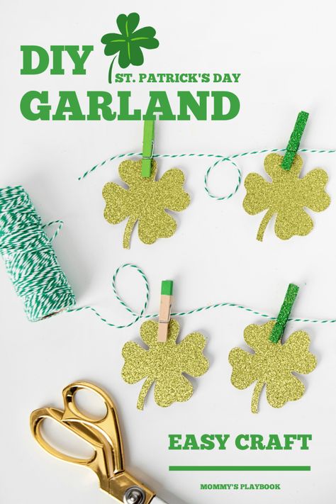 St. Patrick's Day Shamrock Garland Easy Craft Idea Simple Garland, Shamrock Garland, Garland Craft, Christmas Tree Wrapping Paper, Lemon Crafts, Garland Ideas, Diy Stamp, Party Banners, Easter Crafts For Kids