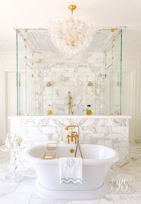 The Wren's Main Suite Bathroom Reveal - Randi Garrett Design Bathtub Inspiration, Custom Cabinet Doors, Luxurious Furniture, Bathroom Gallery, Gold Bathroom, Elegant Bathroom, Marble Bathroom, Free Standing Bath Tub, Beautiful Bathrooms