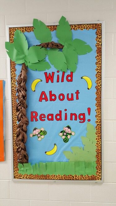 Wild About Reading bulletin board that I made for a friend. Wild About Reading Door Decoration, Jungle Book Bulletin Board, Jungle Bulletin Board Ideas Classroom Decor, Wild About Reading Bulletin Boards, Wild About Books Bulletin Board, Wild About Reading Display, Wild About Kindergarten Bulletin Board, Wild About Reading Theme, Wild About Reading