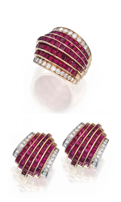 18 KARAT GOLD, RUBY AND DIAMOND RING AND EARCLIPS, VAN CLEEF & ARPELS. The ring designed with five rows set with 77 calibré-cut rubies, bordered by round diamonds weighing approximately 1.00 carat, size 8, signed V.C., numbered N.Y.23401 S.O.; the earclips of similar design set with 86 calibré-cut rubies bordered by single-cut diamonds weighing approximately .70 carat, signed Van Cleef & Arpels, numbered N.Y. 23160. Ruby And Diamond Ring, Indian Jewelry Sets, Gold Rings Jewelry, Gold Ring Designs, Diamond Jewelry Designs, Gold Earrings Designs, Ruby Jewelry, Jewelry Design Necklace, Fabulous Jewelry