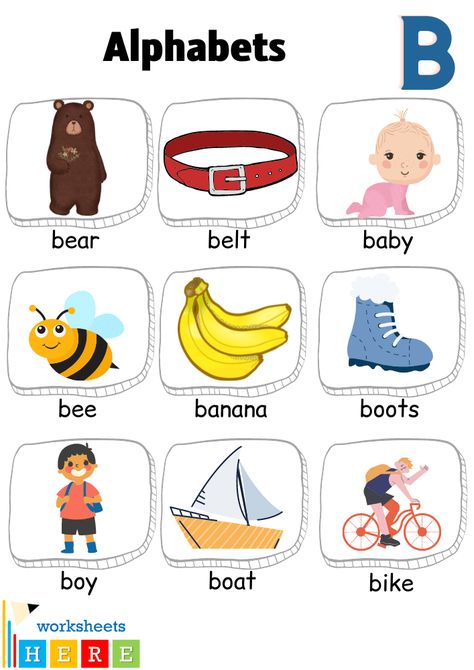 Alphabet B Words with Pictures, Letter B Vocabulary with Pictures - WorksheetsHere.com Letter B Pictures, B Letter Words, B Words List, English Alphabets With Pictures, Family Worksheets, Classroom Boards, Words List, Word Family Worksheets, Three Letter Words