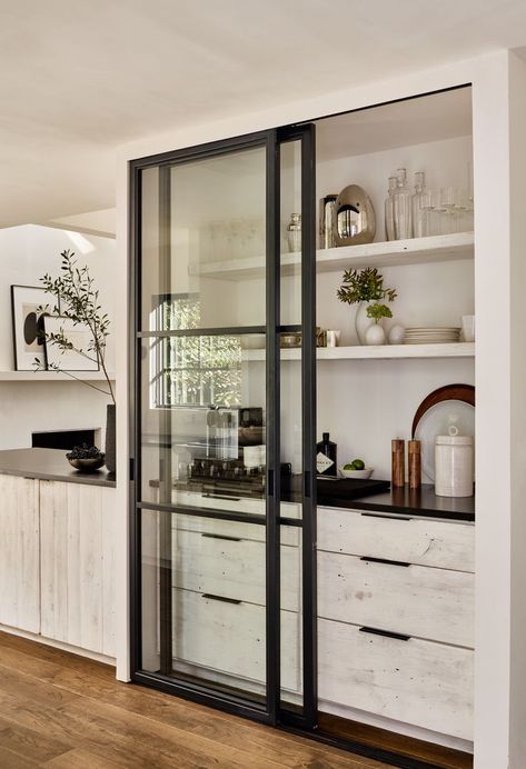 Hotel Pantry Design, Window Pantry, Modern Pantry Cabinet, Pantry With Glass Doors, Fireplace With Bookshelves, Closed Kitchen Design, Kitchen Bookcase, Modern Kitchen Pantry, Sag Harbor New York