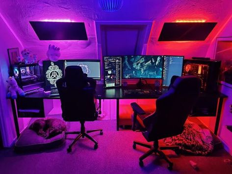 45 Awesome Aesthetic Gaming Setup Ideas | Displate Blog Couples Video Game Room, Gaming Rooms For Couples, Couple Gamer Room Ideas, Game Room For Couples, Couples Gamer Room, Couple Gamer Room, His And Hers Gaming Setup, Room Ideas For Couples Bedroom, His And Hers Gaming Room