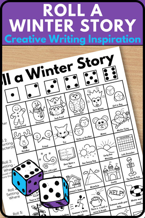 With a roll of the die, choose characters, setting, and plot for a creative winter story Winter Literacy Night Activities, Christmas Elementary Activities, Winter Writing Activities Kindergarten, January Writing Prompts For Kids, January Writing Activities, Winter Writing First Grade, Literacy Night Activities, Winter Writing Prompts 2nd Grade, Winter Wonderland Pictures