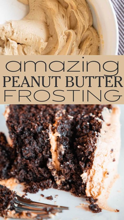 This peanut butter frosting is super easy to make and tastes amazing! Skip the store bought and make this fluffy peanut butter frosting. Best Peanut Butter Buttercream Frosting, The Best Peanut Butter Frosting, Homemade Chocolate Cake With Peanut Butter Frosting, Pb Icing Recipe, Peanut Butter Icing For Cake, Spice Cake With Peanut Butter Frosting, Peanut Butter Cake And Frosting, Cake And Frosting Recipes, Best Peanut Butter Icing