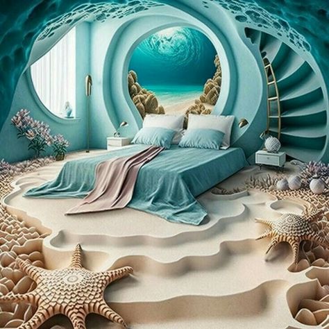 Underwater Bedroom, Ocean Themed Bedroom, Ocean Room, Fantasy Bedroom, Dream Bedroom Inspiration, Fantasy Rooms, Dekorasi Kamar Tidur, Woman Bedroom, Design Apartment