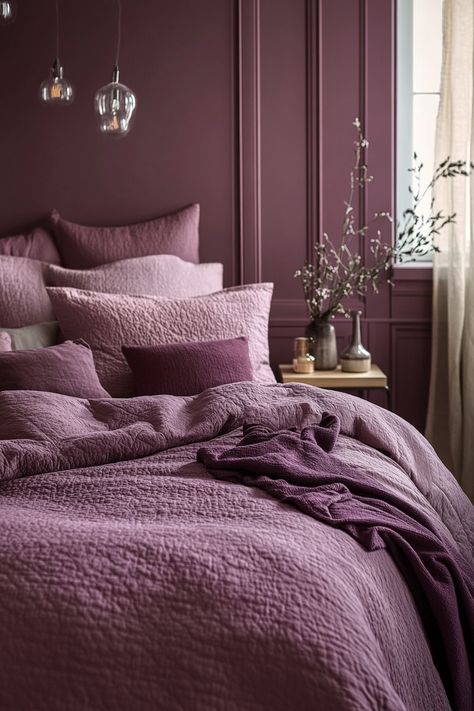 plum-bedroom Eggplant Wall Color, Plum Color Combinations, Mauve Walls Bedroom, Poetry Plum Sherwin Williams, Plum Wall Color, Plum Nursery, Velvet Curtains Bedroom, Plum Bedroom, Plum Wall