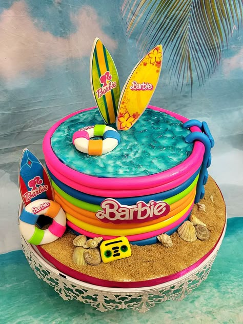 Pool Cake Design, Barbie Beach Cake, Barbie Pool Party Cake, Barbie Pool Cake, Malibu Barbie Cake, Pool Party Birthday Cake, Pool Birthday Cakes, Pool Party Cake, Beach Birthday Cake